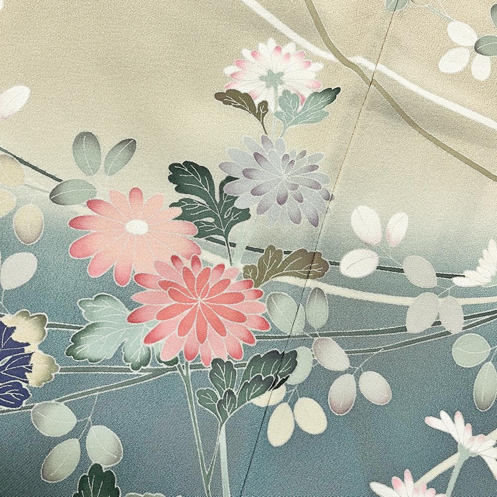 十日町友禅 正絹 訪問着 ちりめん 中古 水色 手描友禅 №ymk0049