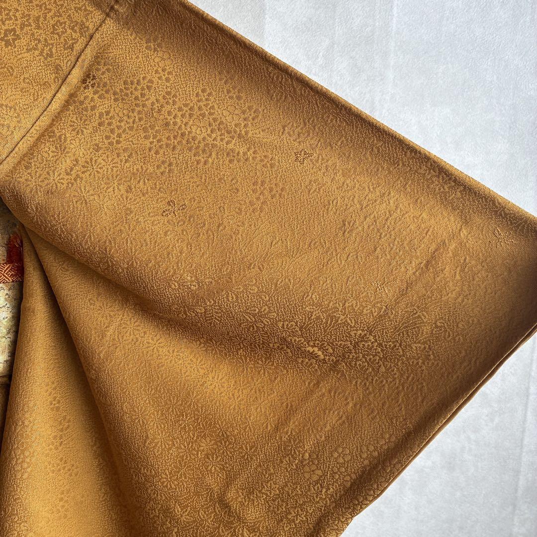 色無地　フルセット　着物　正絹　卒業式　入学式　植物地紋　山吹色　G9