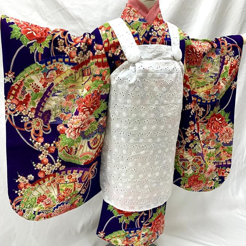 509ag41□七五三 三歳 アンティーク 女児 着物&被布 総柄 扇 花文□