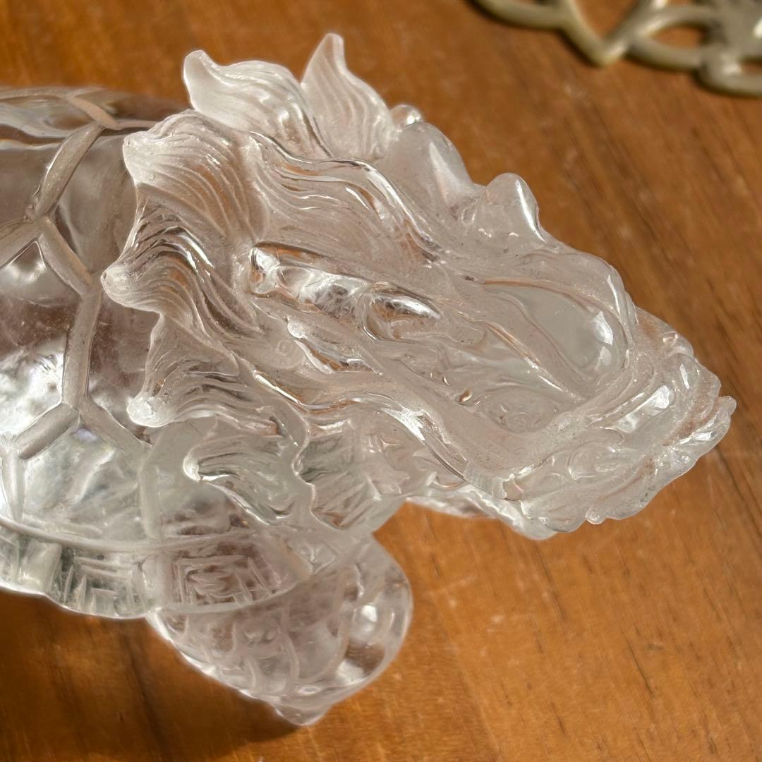 高品質 ブラジル産の天然水晶で彫られた龍亀（ロングイ） 置物197g