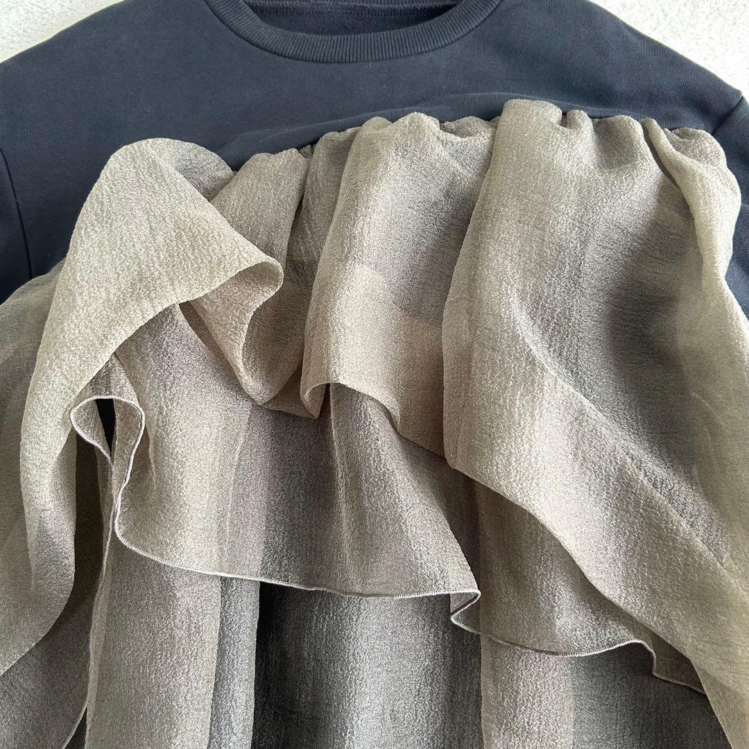 【WILLFULLY】チュールフリル異素材スウェット　ブラック　F 体型カバー