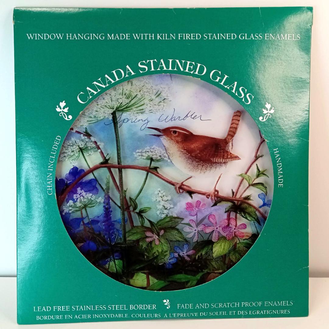 新品 花鳥・アメリカムシクイ スミレ サクラソウ カナダ・ステンドグラス社