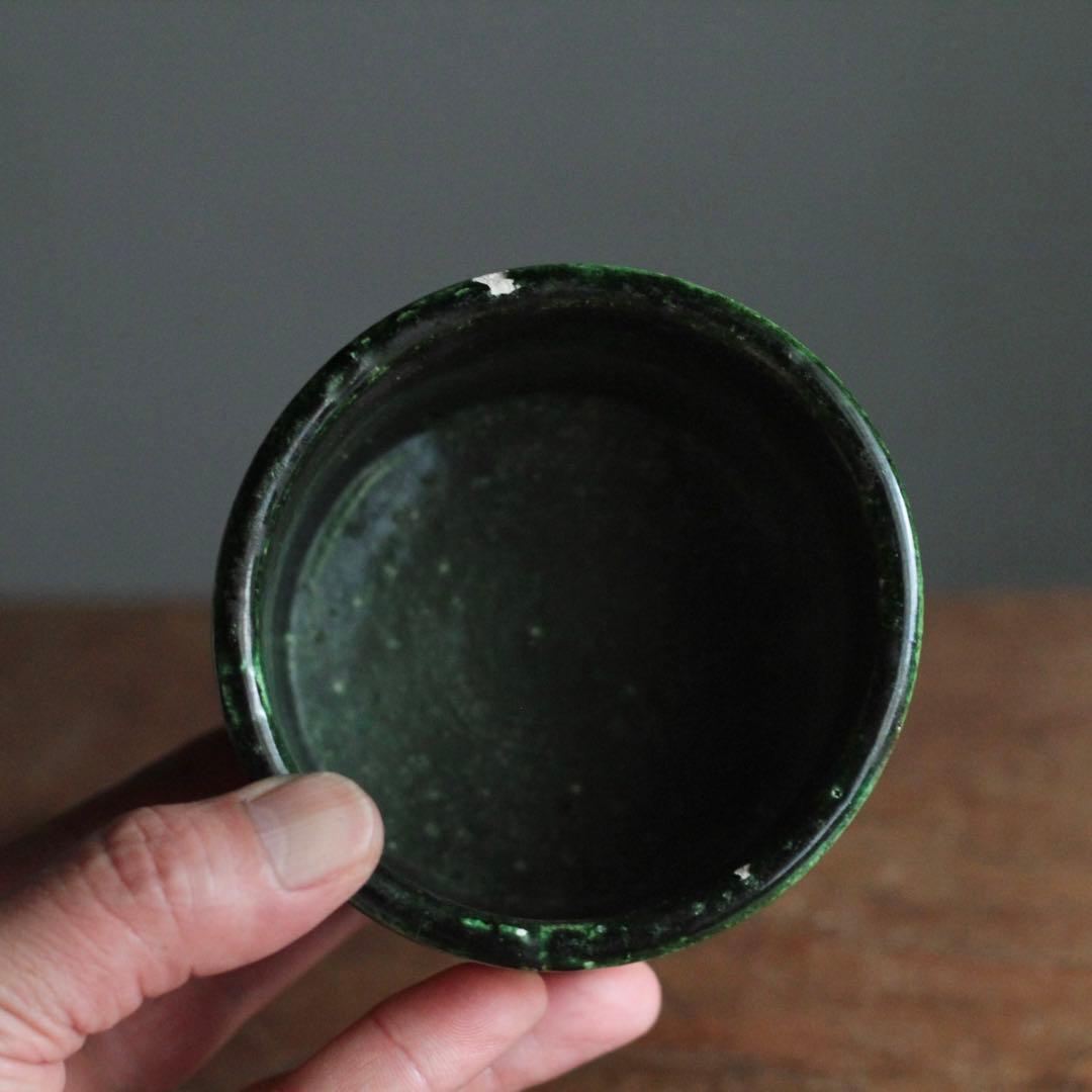 緑釉にしゃれた花柄の筒 筒茶碗 火入 京焼 古美術 古道具 アンティーク 茶道具