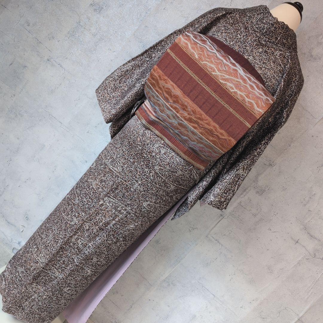 小紋　フルセット　着物　正絹　星屑　ダークブラウン　F5