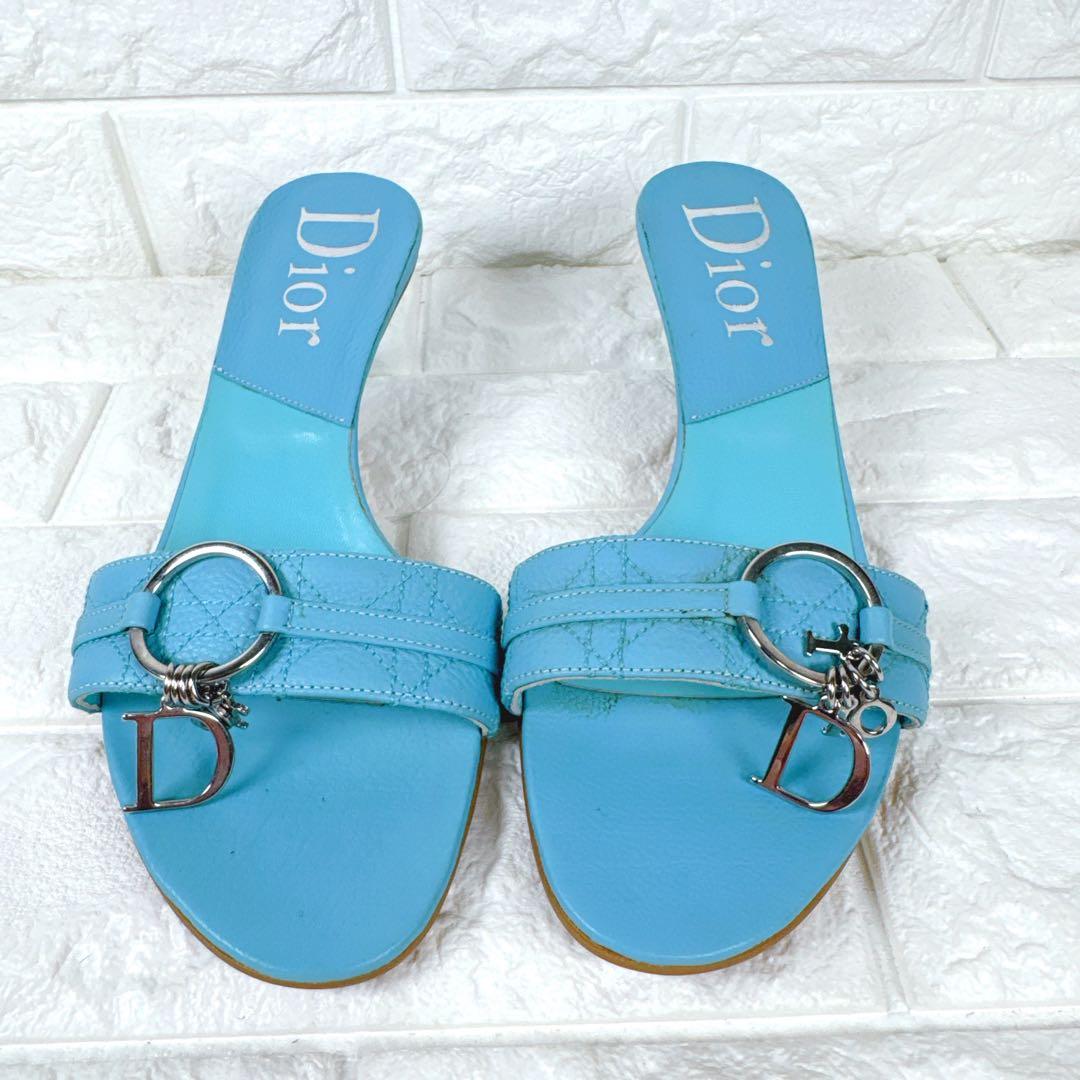 Christian Dior ブルー カンナージュ ロゴ チャーム ミュール