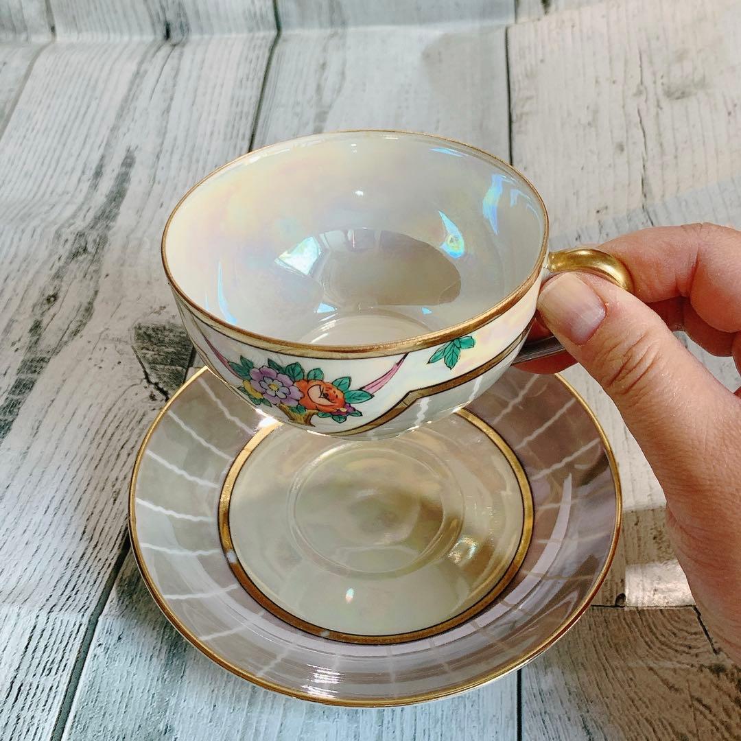 オールドノリタケ 花柄 金彩 ラスター ハンドペイントアンティーク 美品