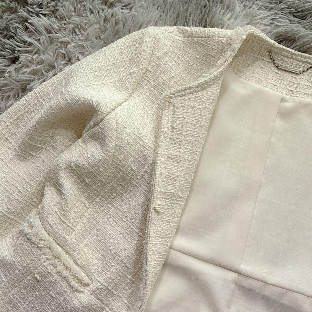 セルフォード ノーカラーツイードジャケット M アイボリー 上品 入学式 入園式