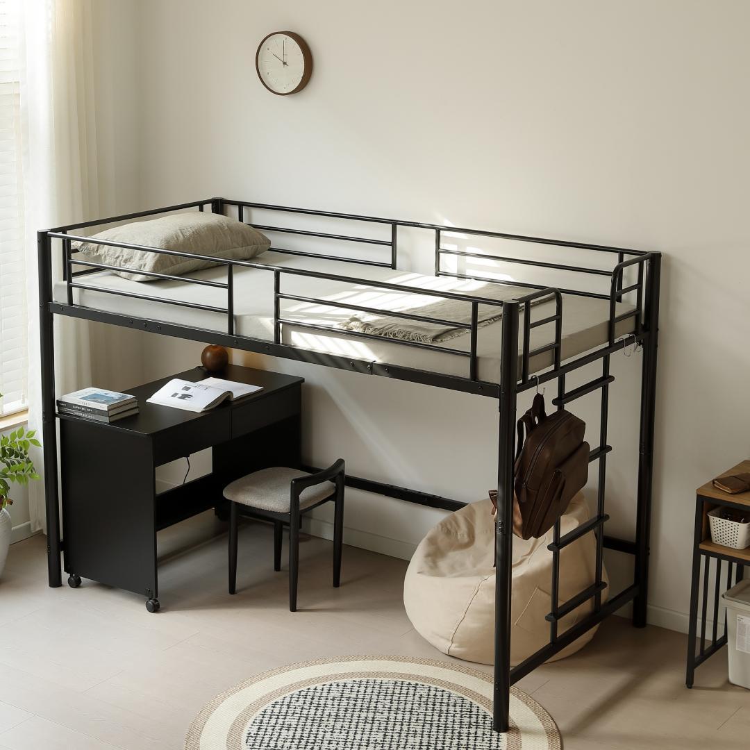 超人気！【高さ140cm】ロフトベッド 耐荷重150kg 一人暮らし Black