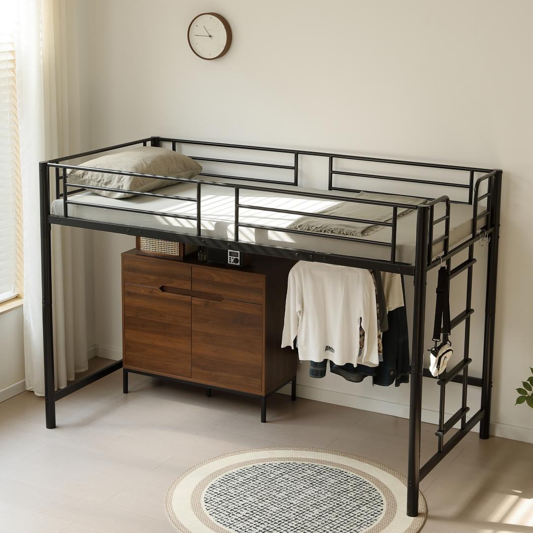 超人気！【高さ140cm】ロフトベッド 耐荷重150kg 一人暮らし Black