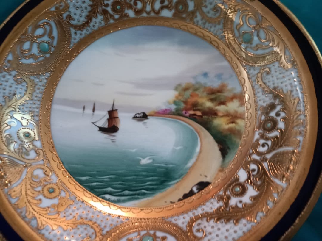 【オールドノリタケ】　金盛ジュール藍線帯帆船風景紋図　コンポート