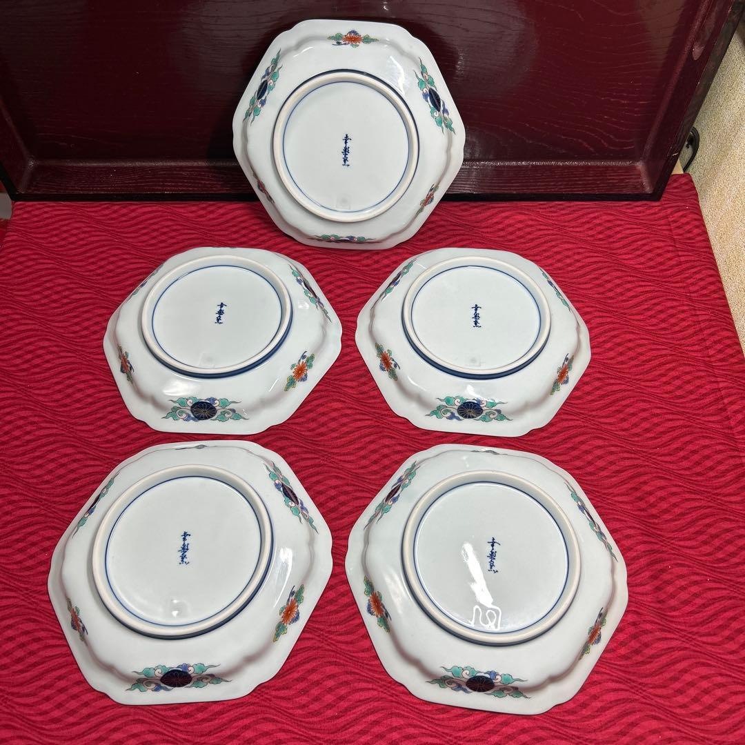 174 有田焼 古伊万里 幸楽窯 錦色絵山水 六角皿 5枚 箱付 18.5cm