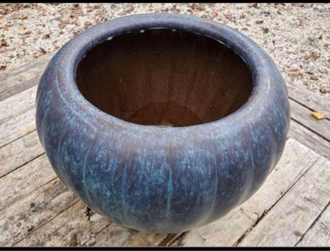 古中国火鉢　落款有り　海鼠釉薬　青緑色の陶器 火鉢　47×36㌢