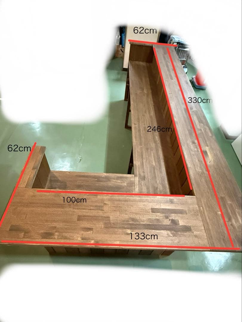 木製L字カウンターテーブル 330cm×133cm×95cm