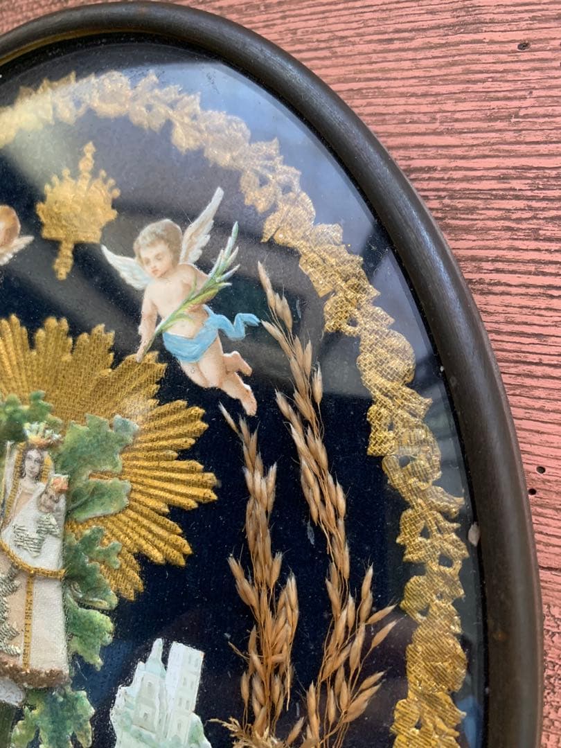 フランスアンティーク　19世紀ベルギーガラス額に美しくデコパージュされたマリア様