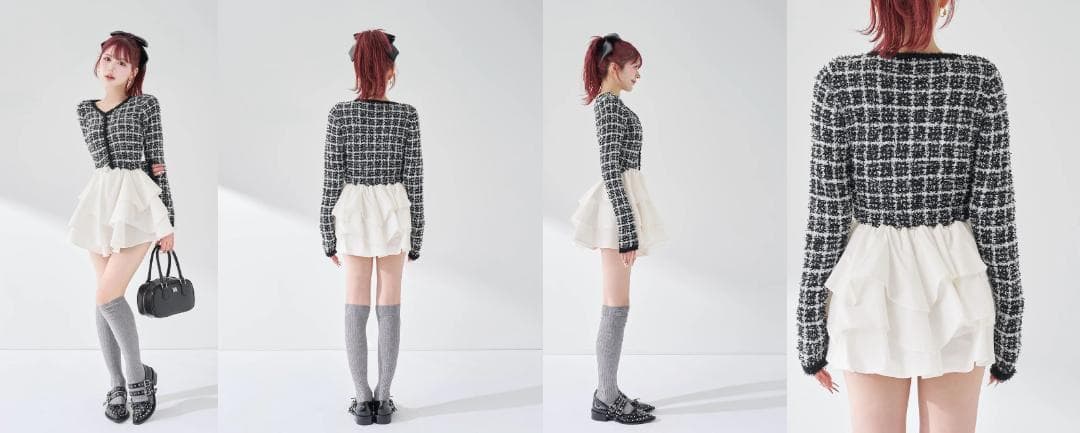 ダーリッチ darich ボリュームフリルツイードニットミニワンピース BLK