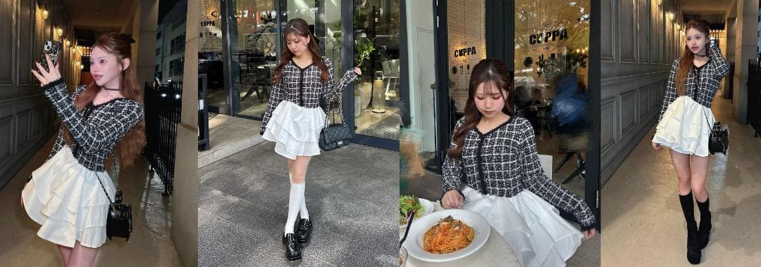 ダーリッチ darich ボリュームフリルツイードニットミニワンピース BLK