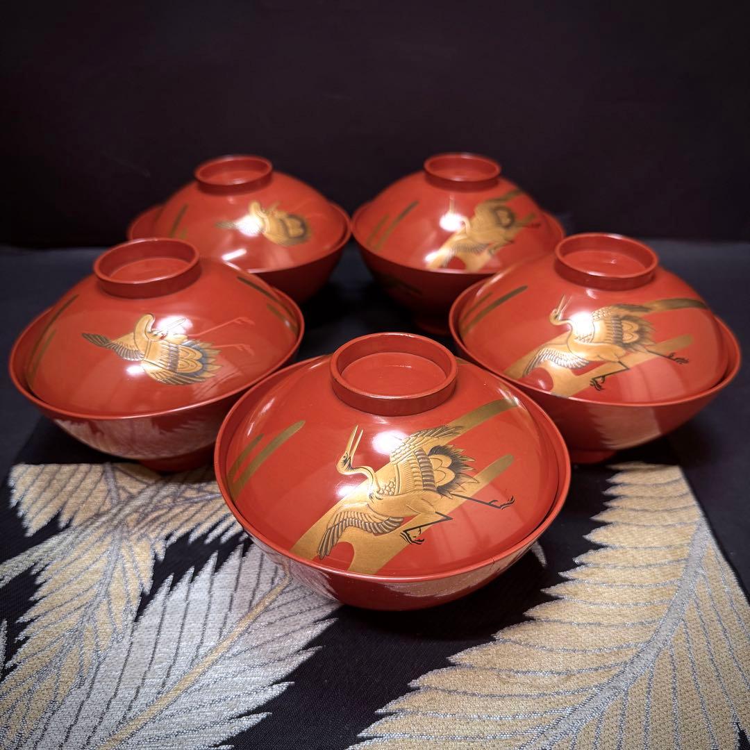 漆器　輪島塗　金蒔絵松鶴文　木製　蓋付椀　お煮物椀　吸物椀　5客　骨董品