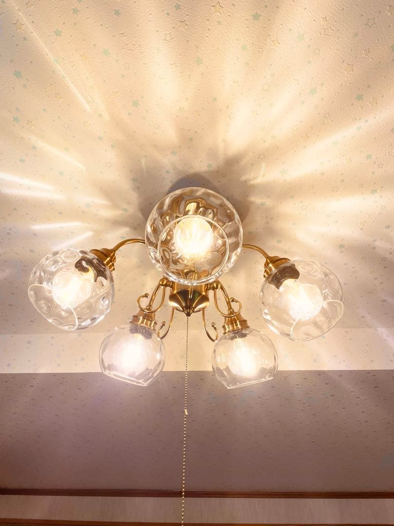 【ほぼ未使用】クリアガラス5灯シャンデリア(調光調色LEDライト＆リモコン付き)