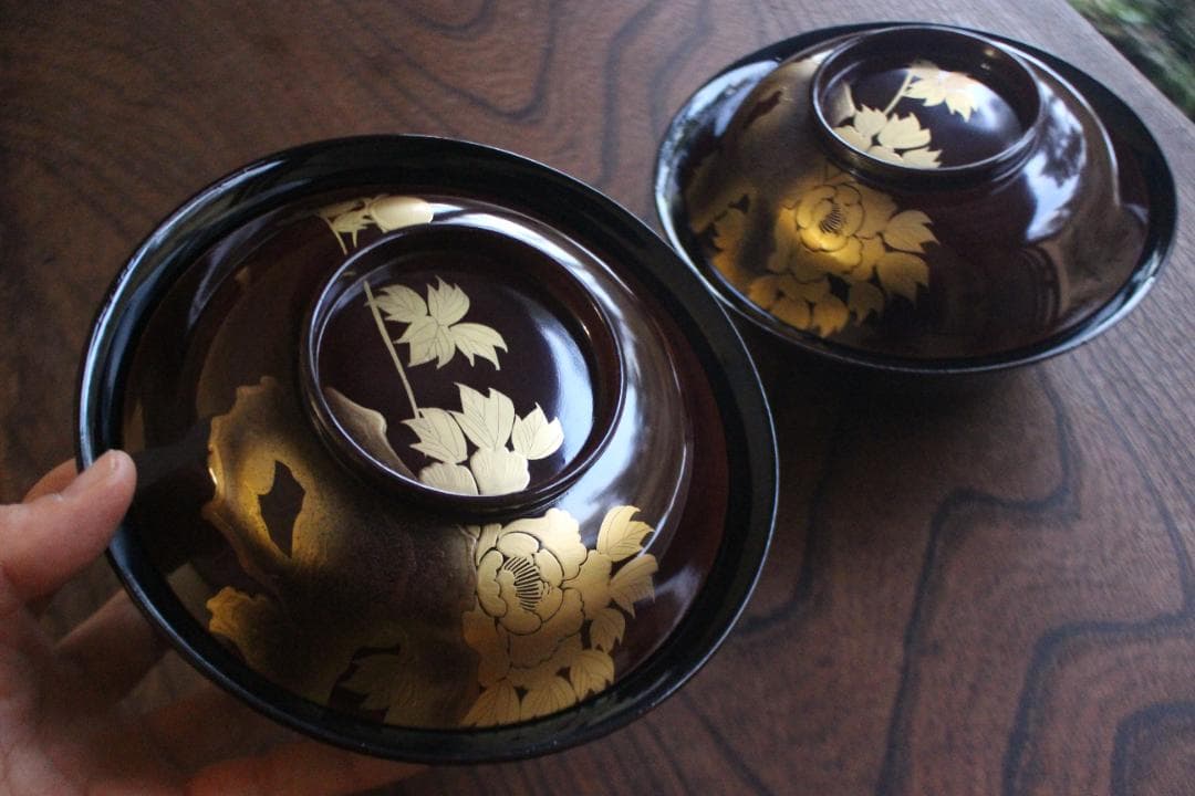 時代逸品！風情ある栗色漆に極上牡丹蝶蒔絵の映える大椀2点（検輪島塗蒔絵椀雑煮椀