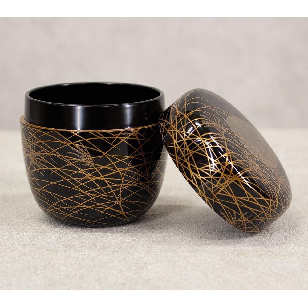 岡本漆専堂 棗 月にすすき 黒塗蒔絵銀彩 茶道具 共箱