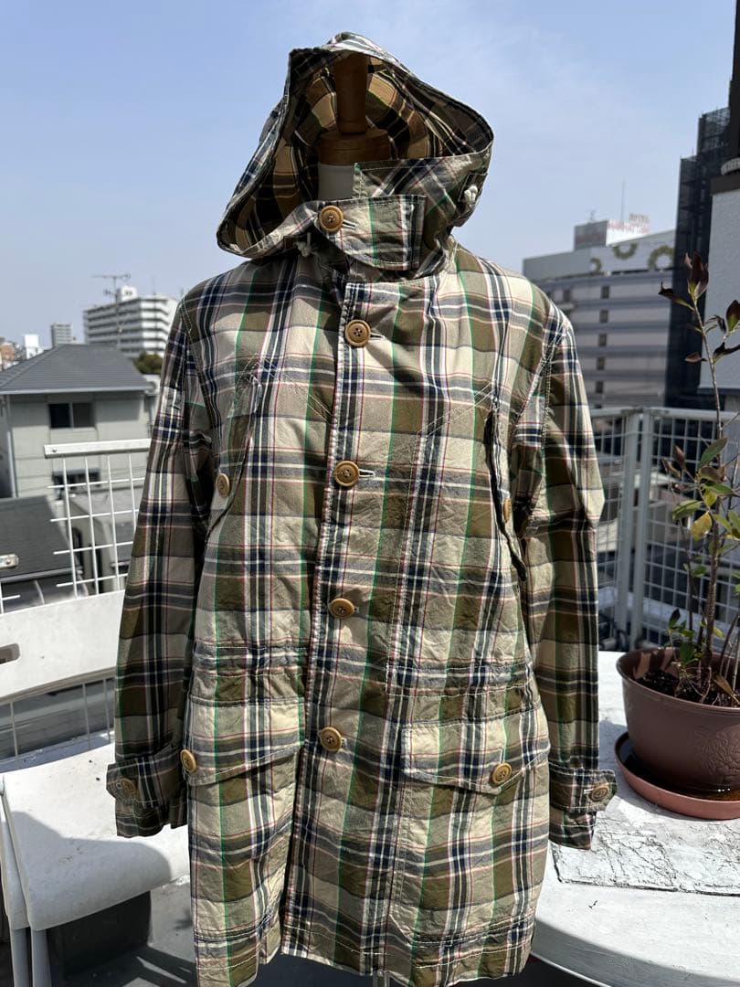 ジュンヤワタナベ　チェック柄フード付きモッズコート