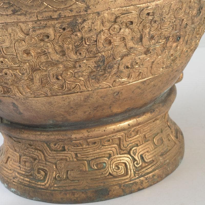 中国　古銅鍍金　漢詩刻　饕餮文　神獣蓋壷　M　9857A