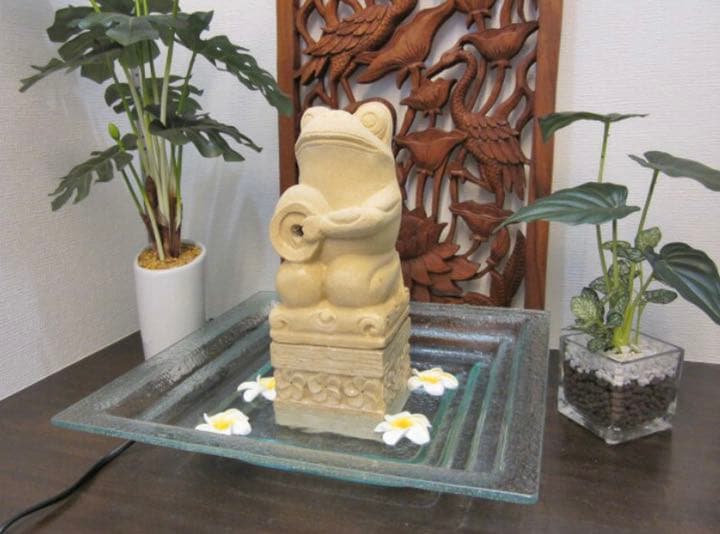 アジアン バリ島 噴水 水盤 カエル プルメリア パラスストーン  置物