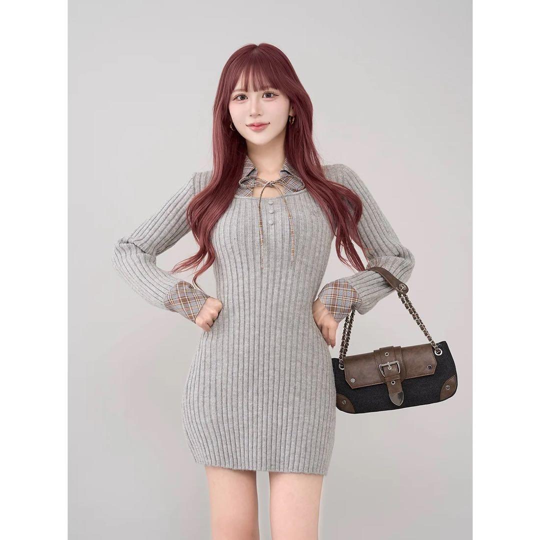 新品タグ付 ダーリッチ グレー レイヤードライクニットミニワンピース フリー