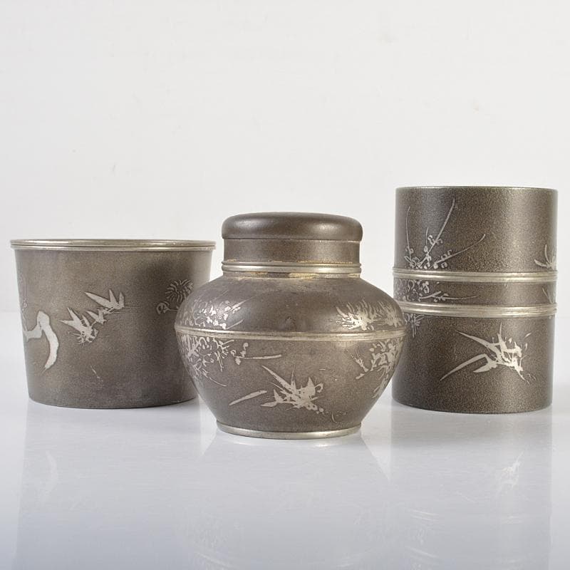 錫製　間村自造　四君子文　茶壷　茶こぼし　合計約985g　3点　D　R6368