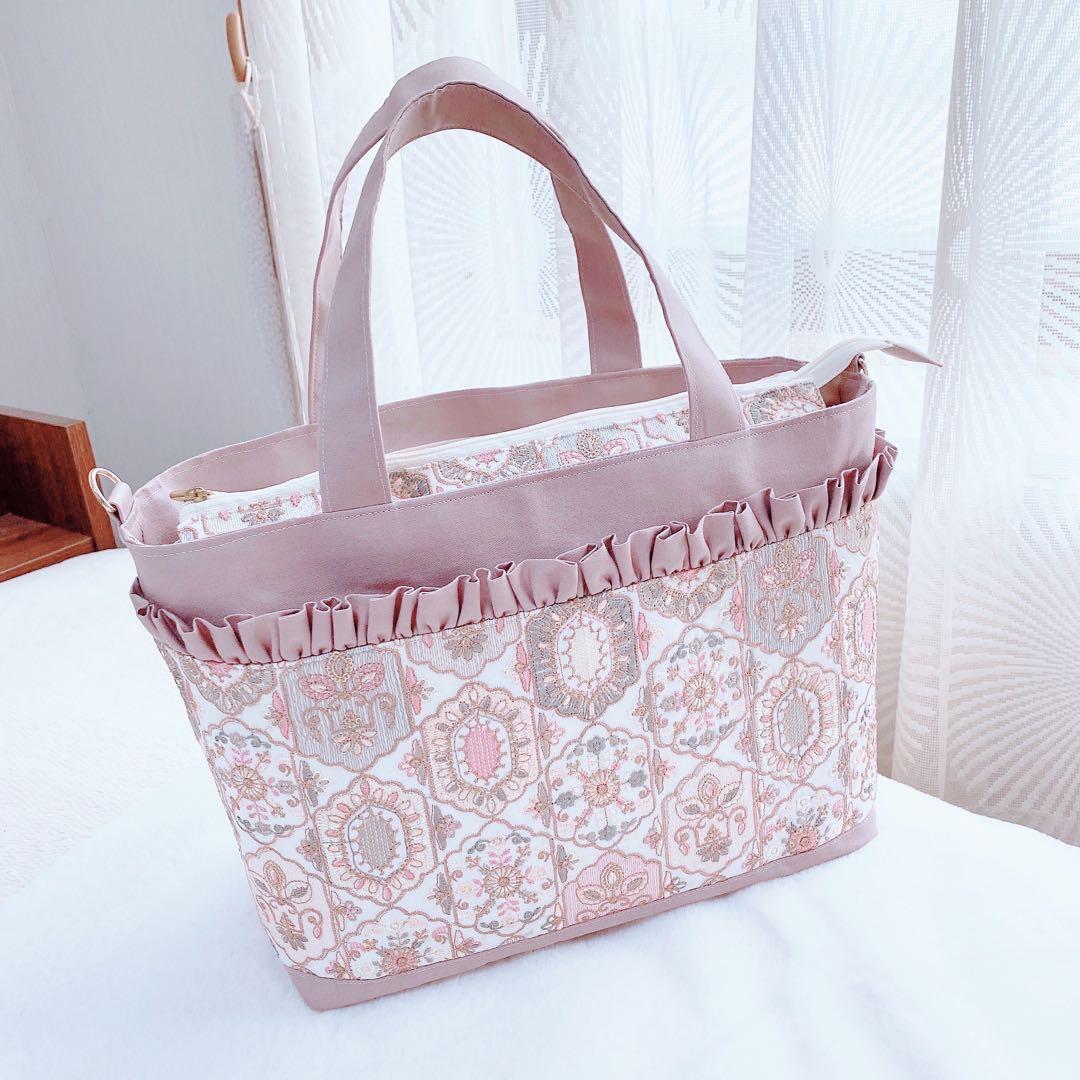 インド刺繍生地 くすみピンク 3ルームフリルトート⑅⿻ ハンドメイド