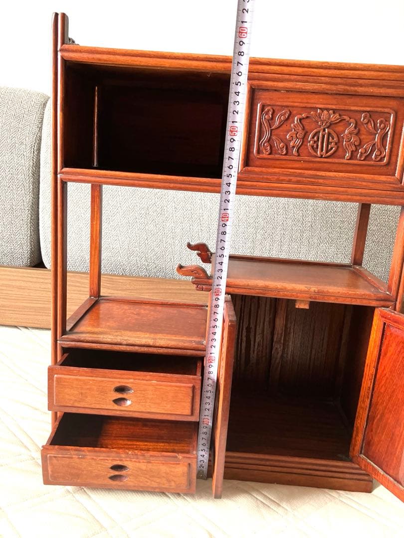 美品 唐木家具 本花梨 総無垢 茶棚 高級 茶道具 飾り棚 彫刻 煎茶道具骨董