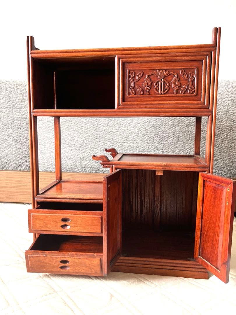 美品 唐木家具 本花梨 総無垢 茶棚 高級 茶道具 飾り棚 彫刻 煎茶道具骨董