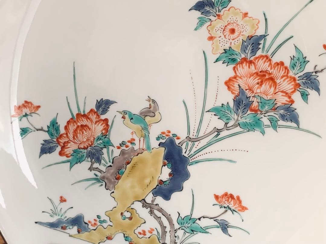 人間国宝 十四代 酒井田柿右衛門 錦牡丹鳥文 額皿 9寸 共箱付