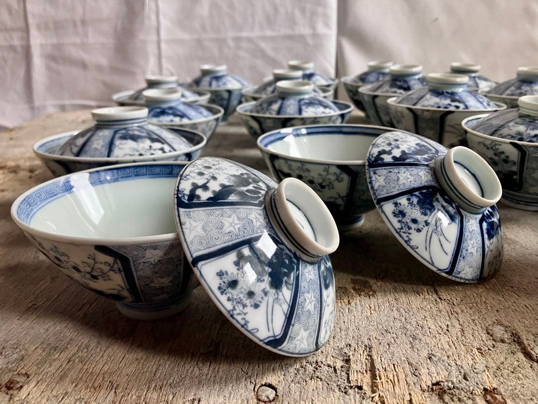 ✅古伊万里✅蓋付き椀18客/染付山水画/骨董/磁器