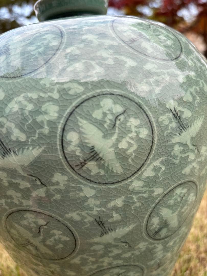 海剛 作　象嵌大壺　高さ43cm 鶴文　大型花瓶　韓国青磁　美品　陶磁器 置物
