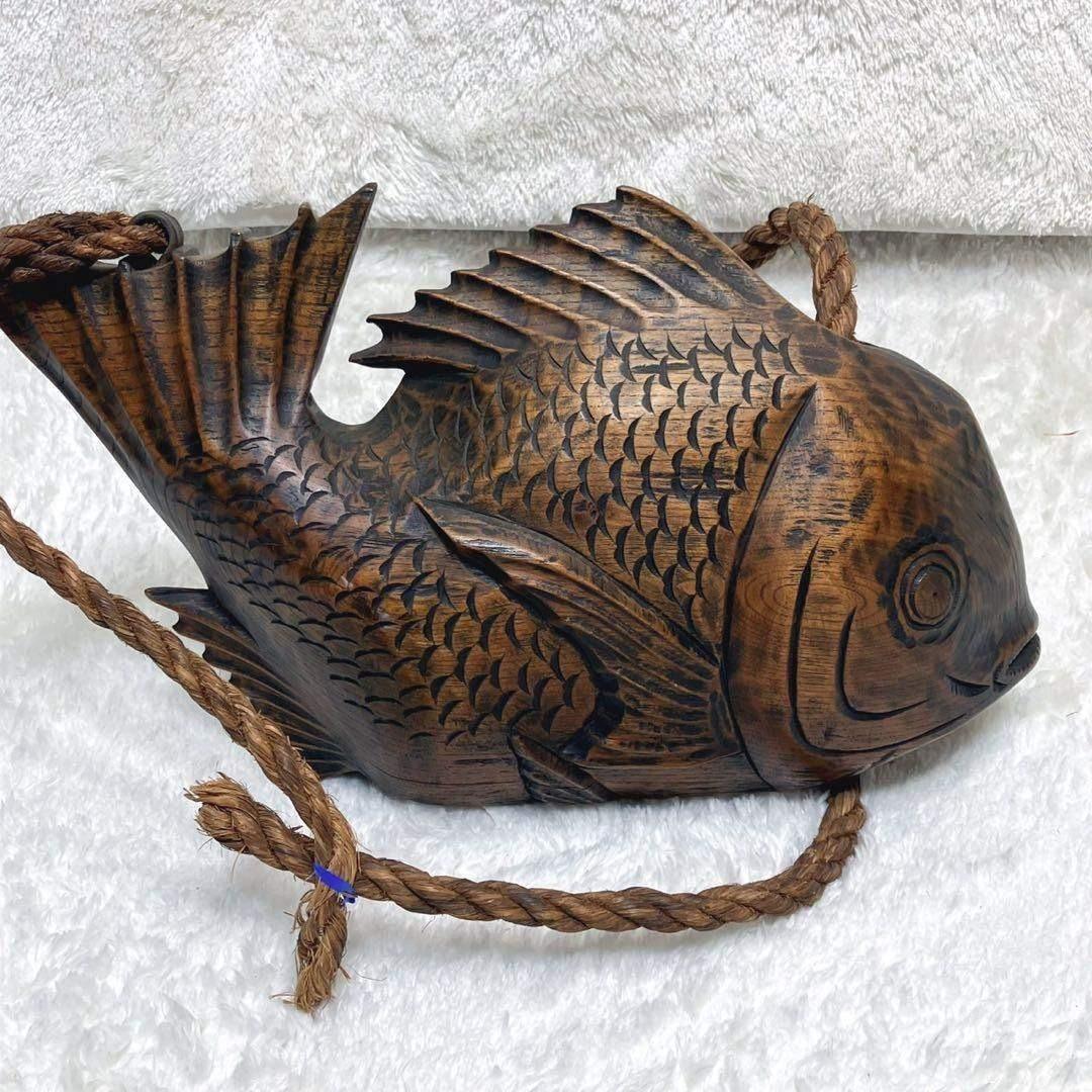 囲炉裏 自在鉤 横木 木彫り 鯛 古民具 レトロ 全長40cm 栄水刻 彫刻