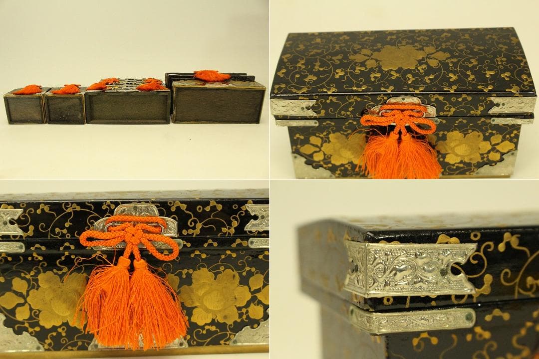 ミニチュア 雛道具 木製 蒔絵家具 重箱 針 鏡 揃い セット(ZE359)