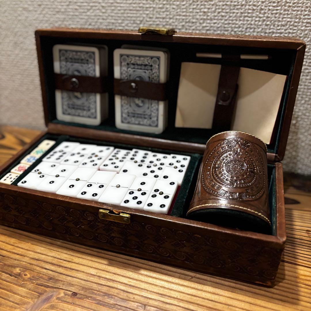 アンティーク　カジノセット　レザーボックスセット　ドミノ・トランプ・ダイス