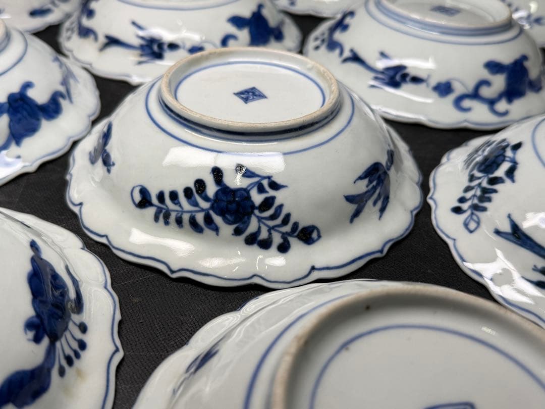 古伊万里 染付 白磁 陽刻 草花文 膾皿 17客 無傷 江戸期 二重角渦福 深鉢