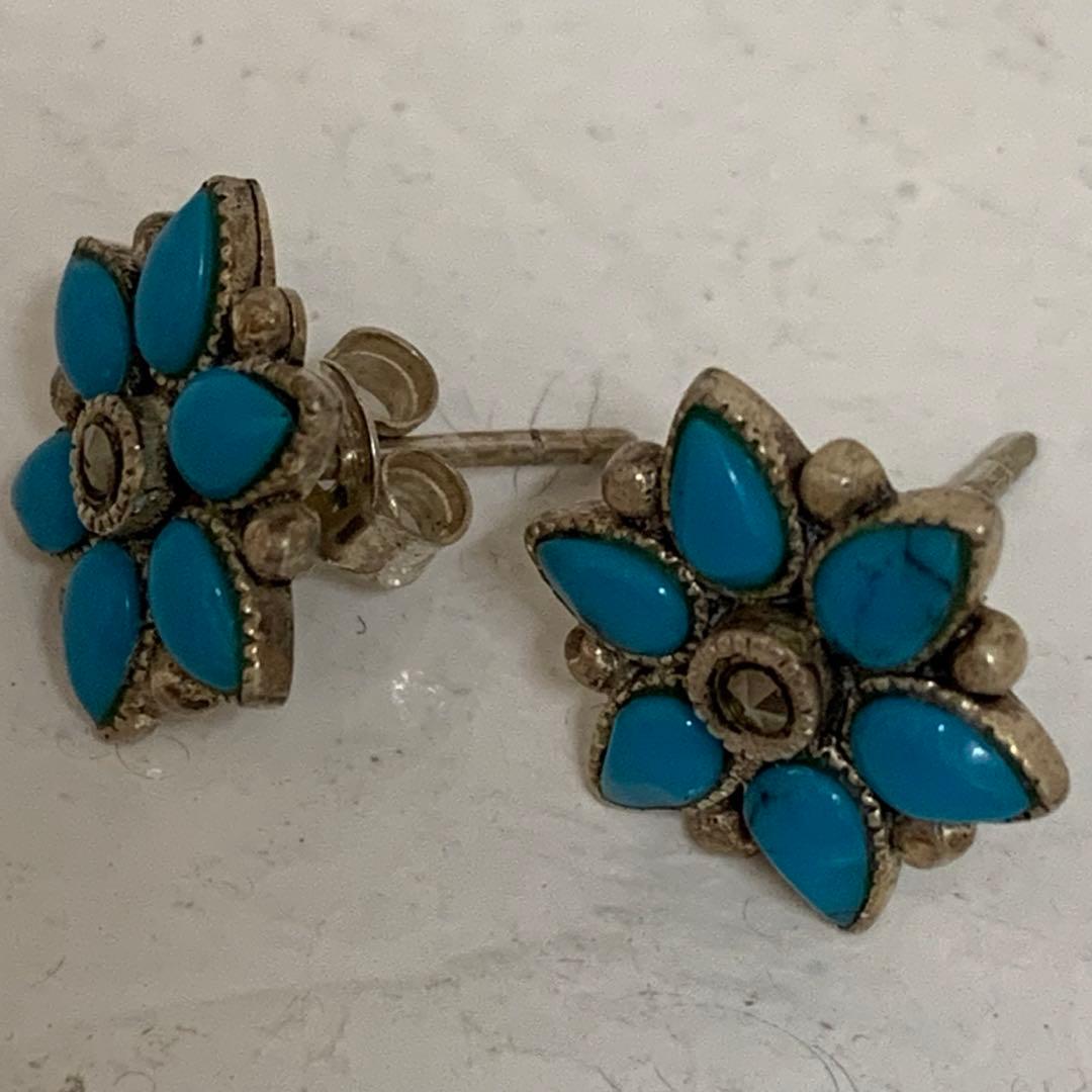 VINTAGE SILVER 925刻印 ターコイズ マーカサイト装飾 ピアス
