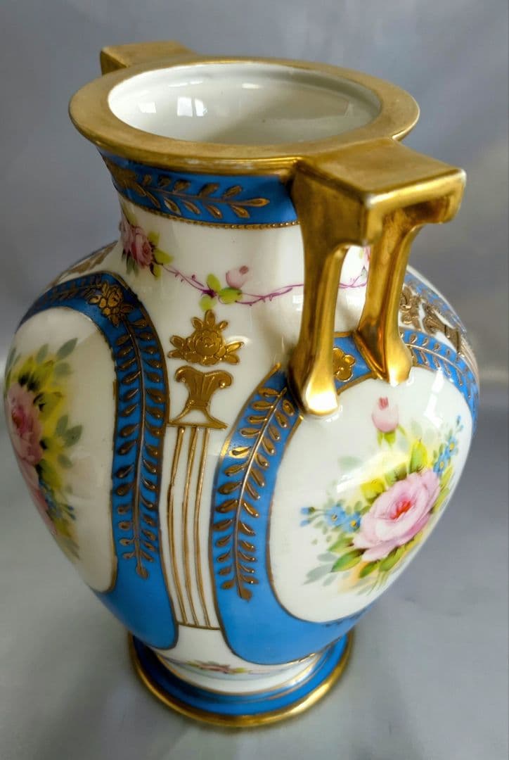 オールドノリタケ 明治期アンティーク マルキ印 青と白の花柄 ペア花瓶２個セット