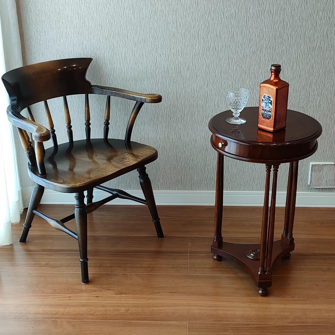 アンティーク　サイドテーブル　ラウンド　象嵌　引出し付き