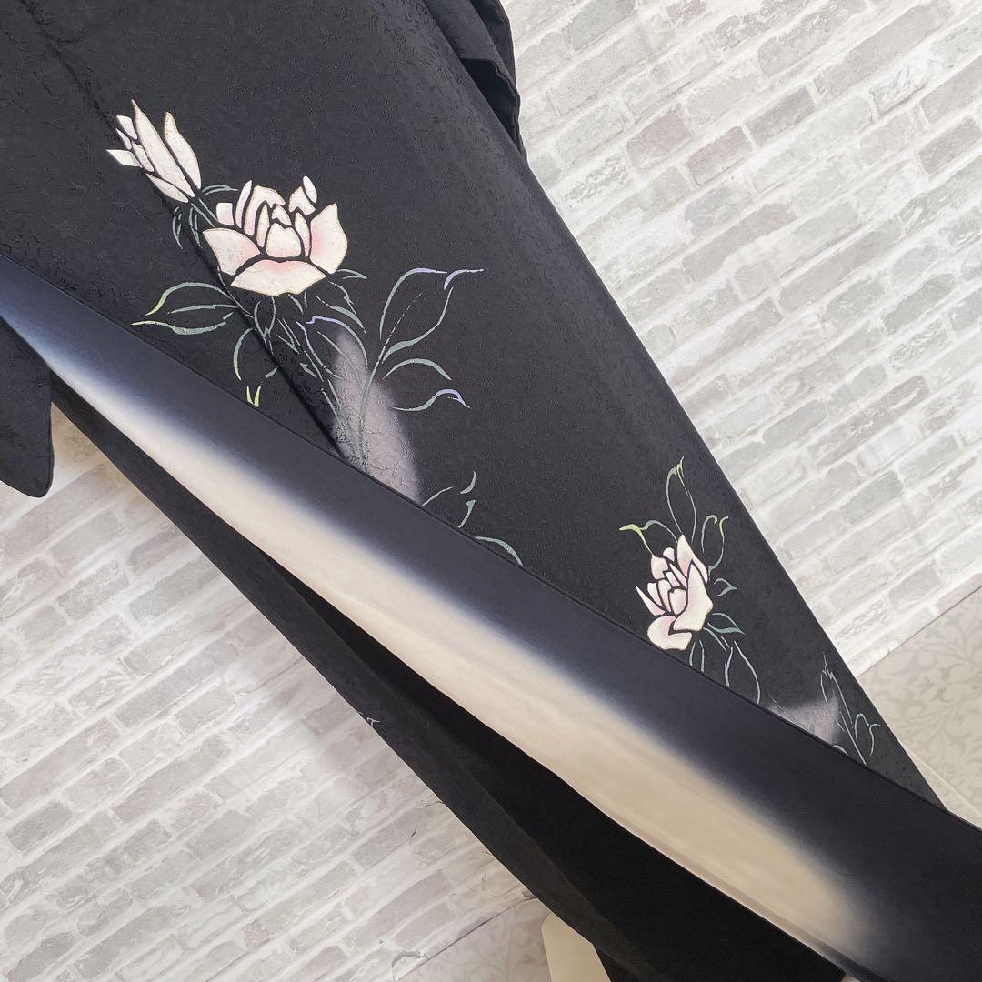 訪問着　フルセット　薔薇　月夜　黒地　金彩加工　おおみ安心ガード加工　着物　Q5