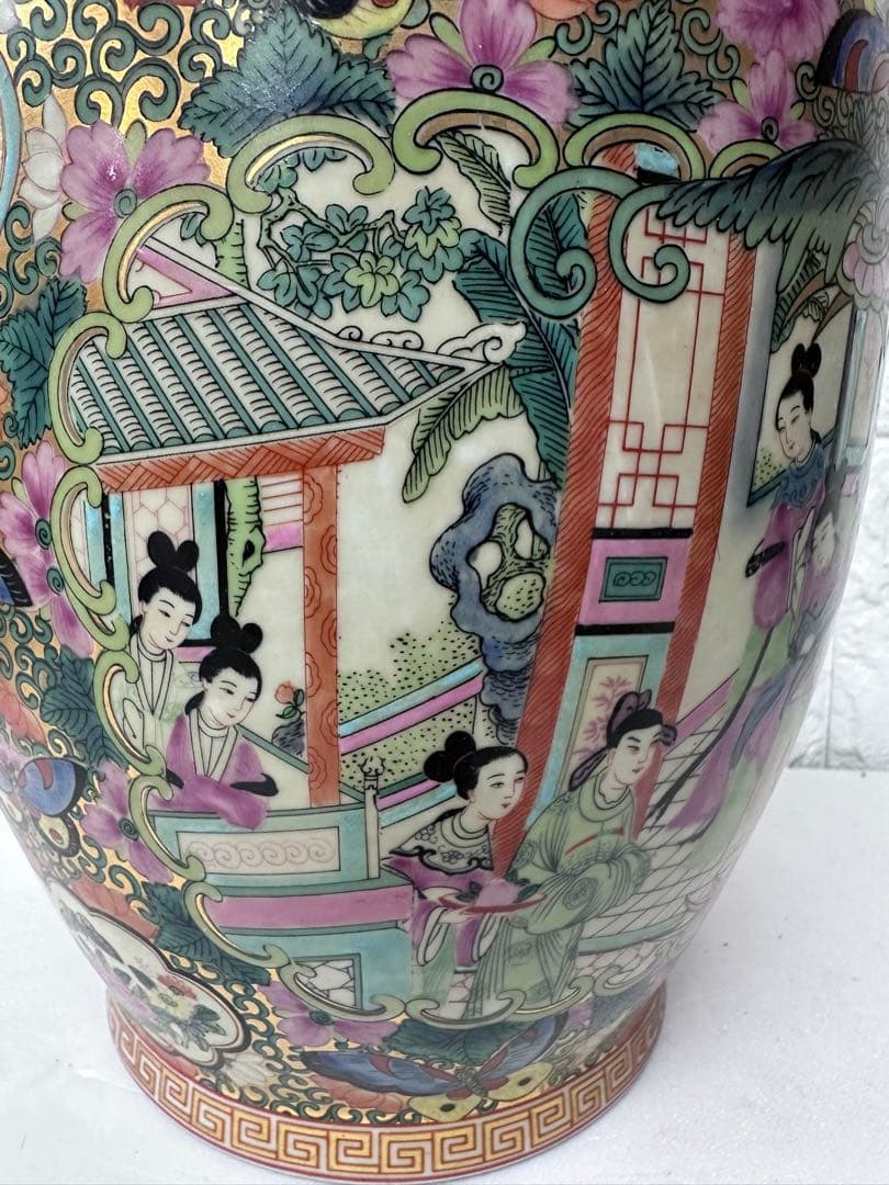 広東絵 粉彩 大花瓶 仕女図 花鳥 46cm 金彩 装飾壺　中国美術