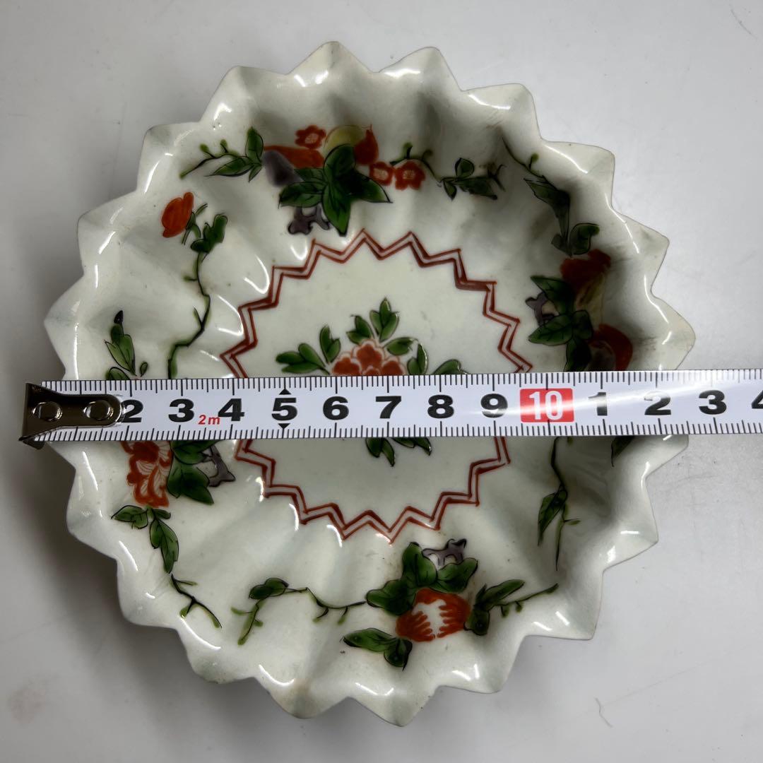 江戸中後期古伊万里赤絵花図　ギザギザ向付10客　木箱付　幅約12.7㎝　トトオサ