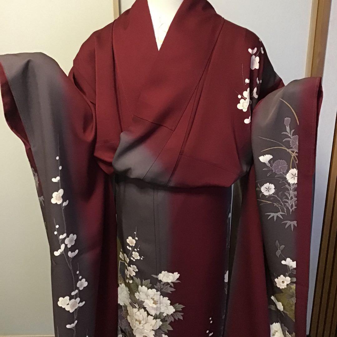振袖セット　赤　エンジ　牡丹花　金彩　振袖6点セット　正絹　成人式　卒業式