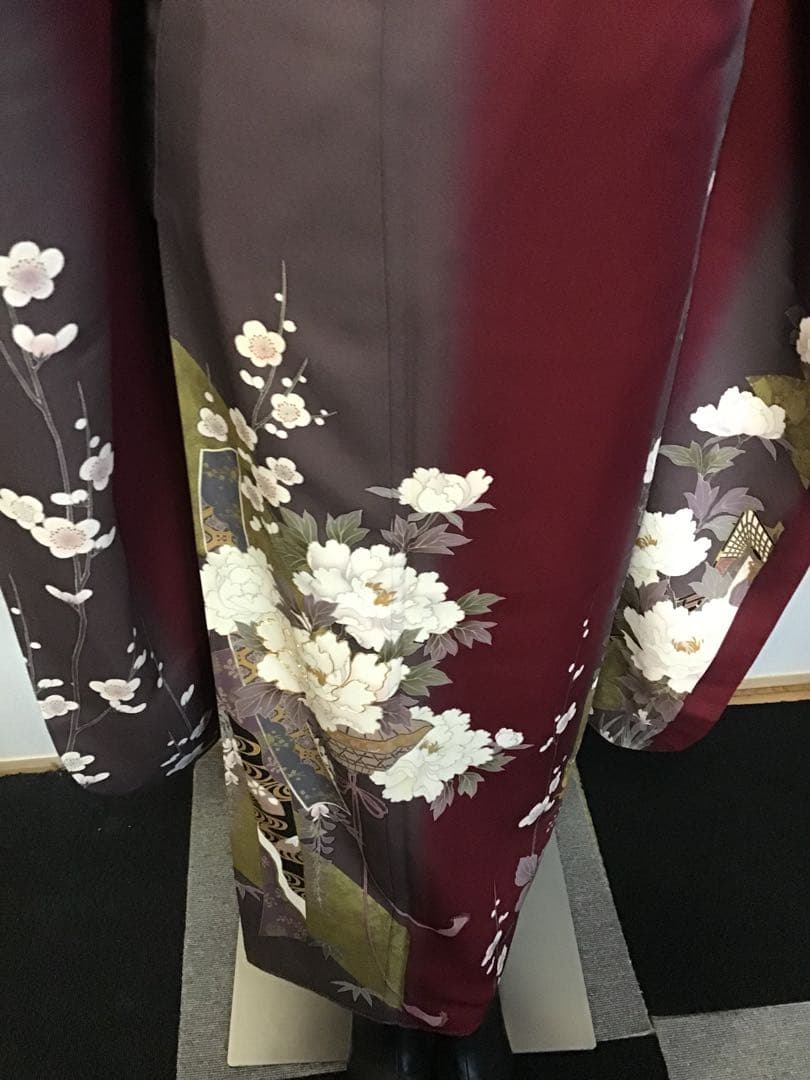 振袖セット　赤　エンジ　牡丹花　金彩　振袖6点セット　正絹　成人式　卒業式