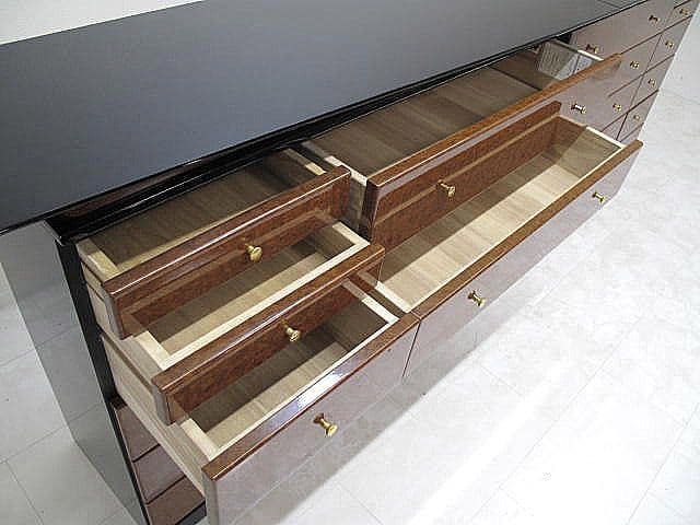 九州大川家具 アールデコ様式バール材ワイドチェスト W300cm ピアノブラック