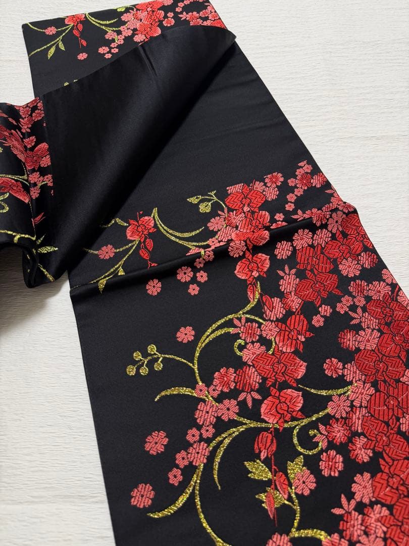D33＋m-59 胡蝶蘭 今井織物 振袖 正絹 袋帯 六通 未使用 黒地