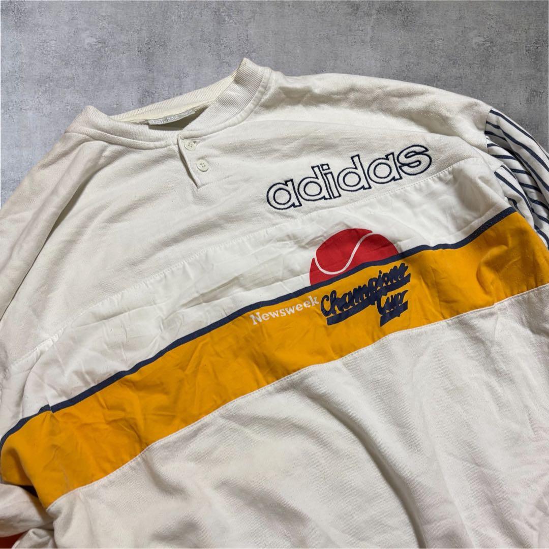 【M24】80-90s adidasヘンリーネックスウェット白×バターイエロー